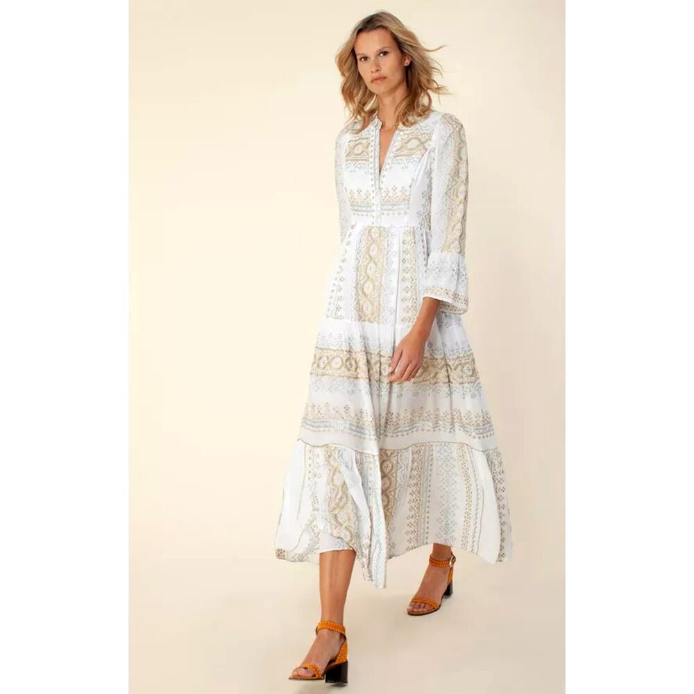 Hale Bob LOLE Embroidered Gauze Tiered Maxi Dress in Gold Silver XS NWT $480